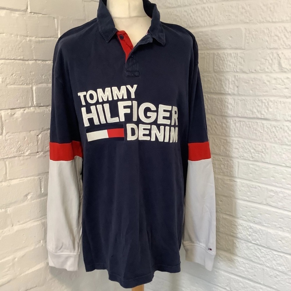 Vintage Tommy Hilfiger Spellout Rugby Shirt - Size 2xl x- P2P 27โ - Navy & White - Picture 1 of 8